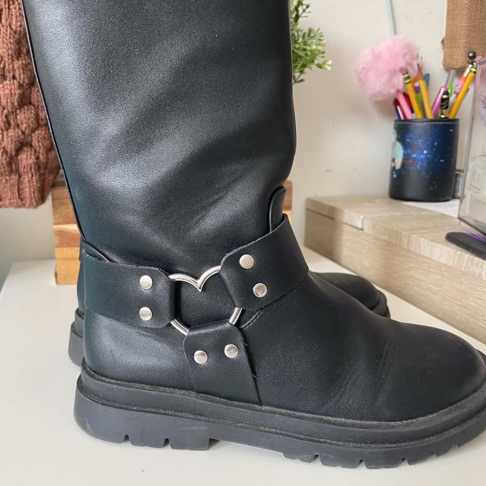 Black pLeather Girls Motorcycle Boots